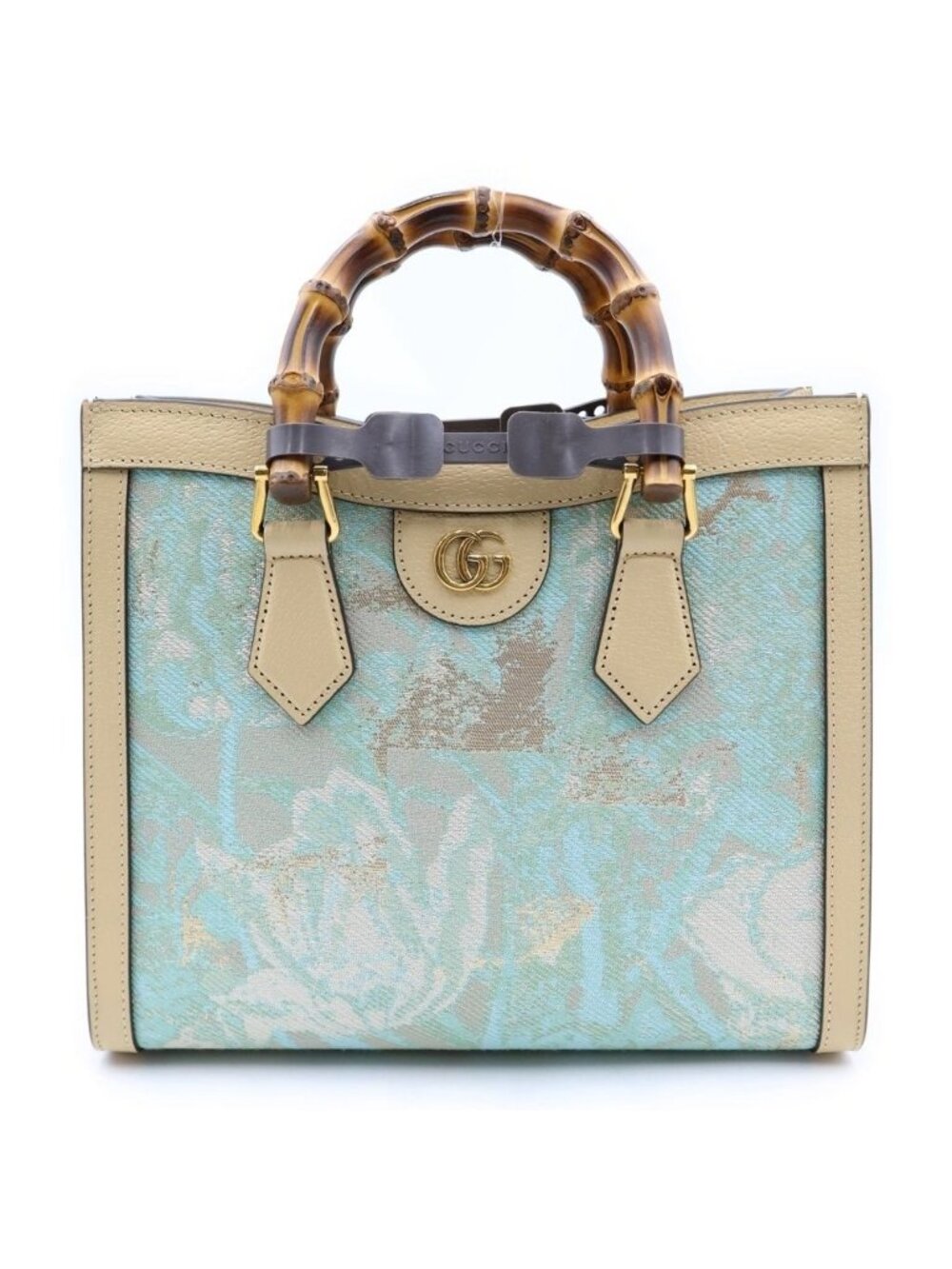 Gucci Hosoo Diana Small Nishijin Woven Bamboo Canvas Leather 2-Way Bag Beige